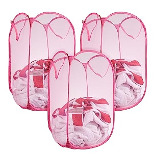 kuber industries nylon mesh laundry basketfoldable laundry bagnetted lightweight laundry organizerreinforced handle with sturdy base 342034ltrpack of 3 pink