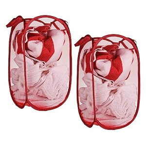 kuber industries nylon mesh laundry basketfoldable laundry bagnetted lightweight laundry organizerreinforced handle with sturdy base 343034ltrpack of 2 red