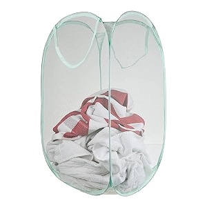 kuber industries nylon mesh laundry basketfoldable laundry bagnetted lightweight laundry organizerreinforced handle with sturdy base 342034ltrpack of 3 pink
