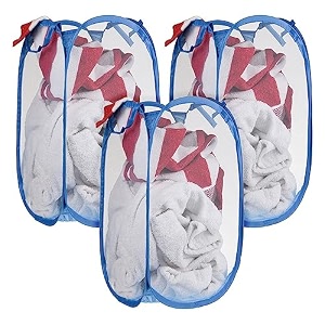 kuber industries nylon mesh laundry basketfoldable laundry bagnetted lightweight laundry organizerreinforced handle with sturdy base 343034ltrpack of 3 blue