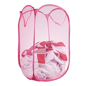 kuber industries nylon mesh laundry basketfoldable laundry bagnetted lightweight laundry organizerreinforced handle with sturdy base 342034ltrpack of 3 pink