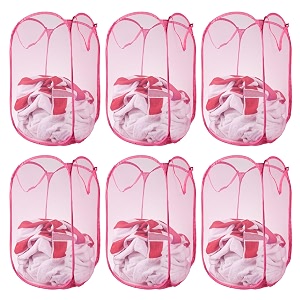 kuber industries nylon mesh laundry basketfoldable laundry bagnetted lightweight laundry organizerreinforced handle with sturdy base 342034ltrpack of 6 pink