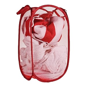 kuber industries nylon mesh laundry basketfoldable laundry bagnetted lightweight laundry organizerreinforced handle with sturdy base 342034ltrpack of 2 red