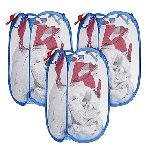 kuber industries nylon mesh laundry basketfoldable laundry bagnetted lightweight laundry organizerreinforced handle with sturdy base 342034ltrpack of 3 pink