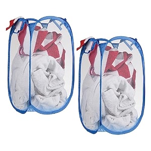 kuber industries nylon mesh laundry basketfoldable laundry bagnetted lightweight laundry organizerreinforced handle with sturdy base 343034ltrpack of 2 blue