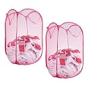 Kuber Industries Nylon Mesh Laundry Basket|Foldable Laundry Bag|Netted Lightweight Laundry Organizer|Reinforced Handle With Sturdy Base "20"LTR|Pack of 3 (Pink)