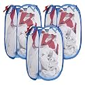 Kuber Industries Nylon Mesh Laundry Basket|Foldable Laundry Bag|Netted Lightweight Laundry Organizer|Reinforced Handle With Sturdy Base "30"LTR|Pack of 3 (Blue)