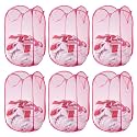 Kuber Industries Nylon Mesh Laundry Basket|Foldable Laundry Bag|Netted Lightweight Laundry Organizer|Reinforced Handle With Sturdy Base "20"LTR|Pack of 6 (Pink)