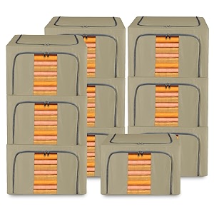 kuber industries pack of 10 clothes storage box  66 ltr  underbed storage bag  waterproof storage box for saree-shirts amp blankets  foldable parachute steel frame wardrobe organizer  brown