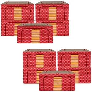 kuber industries pack of 10 clothes storage box  44 liter foldable steel frame clothes organizer  storage box for wardrobe-saree-shirts and blankets  storage bag  dot print  red amp brown