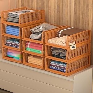 kuber industries 2 pcs plastic stackable cloth organizer for storage  foldable clothes rack for wardrobe  almirah amp cupboard organizer for shirts t-shirts dresses jeans amp pants  brown