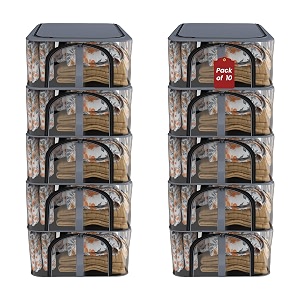 kuber industries pack of 10 pvc transparent 33l cloth organizer for wardrobe  storage bag for clothes large  dress organiser boxes for saree dresses bedsheet  storage box for clothes  grey