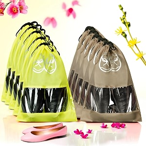 kuber industries pack of 10 travel shoe organizer  travel storage bags  waterproof shoe bag  storage organizers set  parachute shoe cover with transparent window  shoe dori cover  yellow amp brown