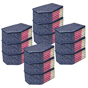 kuber industries pack of 3 blouse cover  flower-printed  clothes storage bag  wardrobe organiser with zipper  side transparent blouse organizer  blouse protector bag  navy blue