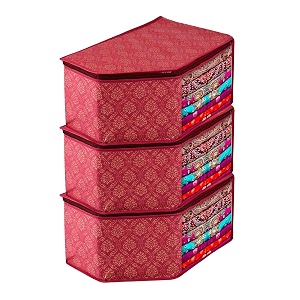 kuber industries pack of 3 blouse cover  golden-printed  clothes storage bag  wardrobe organiser with zipper  side transparent blouse organizer  blouse protector bag  maroon