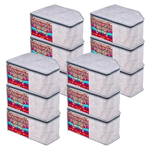 kuber industries pack of 12 blouse cover  jute-printed  clothes storage bag  wardrobe organiser with zipper  side transparent blouse organizer  blouse protector bag  grey