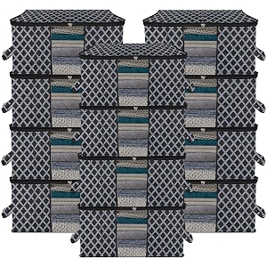kuber industries pack of 12 - clothes storage bags  large - under-bed storage bag  foldable blanket storage box for comforter saree  zipper amp handle cloth organizer  check-design - black