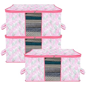 kuber industries pack of 3 - clothes storage bags  large - under-bed storage bag  foldable blanket storage box for comforter saree  zipper amp handle cloth organizer  floral-design - pink