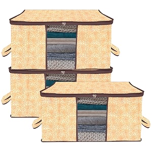 kuber industries pack of 3 - clothes storage bags  large - under-bed storage bag  foldable blanket storage box for comforter saree  zipper amp handle cloth organizer  flower-design - brown