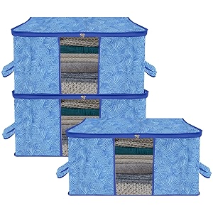 kuber industries pack of 3 - clothes storage bags  large - under-bed storage bag  foldable blanket storage box for comforter saree  zipper amp handle cloth organizer  lahariya-design - blue