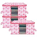 Kuber Industries Pack of 3 - Clothes Storage Bags | Large - Under-Bed Storage Bag | Foldable Blanket Storage Box For Comforter, Saree | Zipper &amp; Handle Cloth Organizer | Flower Design - Pink