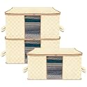 Kuber Industries Pack of 3 - Clothes Storage Bags | Large - Under-Bed Storage Bag | Foldable Blanket Storage Box For Comforter, Saree | Zipper &amp; Handle Cloth Organizer | Check-Design - Cream