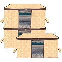 Kuber Industries Pack of 3 - Clothes Storage Bags | Large - Under-Bed Storage Bag | Foldable Blanket Storage Box For Comforter, Saree | Zipper &amp; Handle Cloth Organizer | Flower-Design - Brown