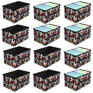 kuber industries pack of 12 foldable storage organiser  disney mickey print storage box for books amp toys  cloth organizer for wardrobe  cupboard drawer organizer  black