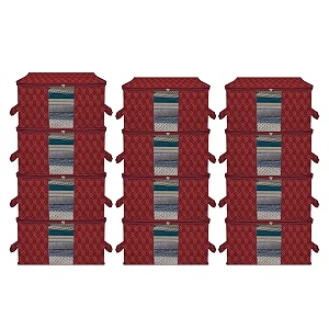 kuber industries pack of 12 non woven underbed storage organizer  storage bags for clothes blanket  clothes storage bag for with handle amp visible window  golden printed - maroon