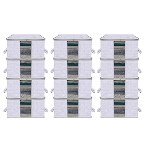 kuber industries pack of 12 non woven underbed storage organizer  storage bags for clothes blanket  clothes storage bag for with handle amp visible window  jute printed - grey