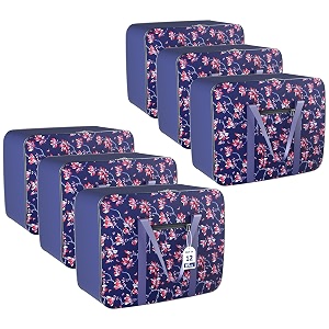 kuber industries pack of 12 nylon 85l large king size underbed storage box  blanket storage bagscover double bed storage bag  storage bag for clothes documents books toys  flower - navy blue