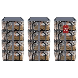 kuber industries pack of 12 pvc transparent 33l cloth organizer for wardrobe  storage bag for clothes large  dress organiser boxes for saree dresses bedsheet  storage box for clothes  grey