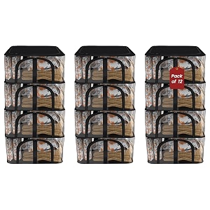kuber industries pack of 12 pvc transparent 33l cloth organizer for wardrobe  storage bag for clothes large  dress organiser boxes for saree dresses bedsheet  storage box for clothes  black