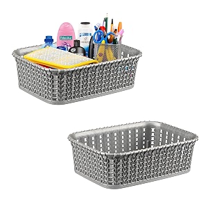 kuber industries pack of 2 small multi-purpose plastic basket for storage m15  spacious stationary amp jewellery holder  home organizers for kitchen bedroom amp dining table  light grey 20x14x6 cm