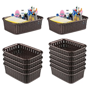 kuber industries pack of 12 small multi-purpose plastic basket for storage m15  spacious stationary amp jewellery holder  home organizers for kitchen bedroom amp dining table  brown