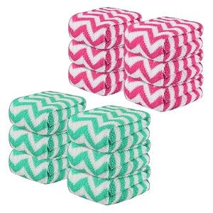 kuber industries pack of 12 super absorbent amp reusable microfibre face towels for women  15x15 in  kids soft amp easy to wash small towels for face and hand  zig zag pink amp green