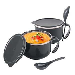 kuber industries pack of 2 airtight-lid 600ml stainless steel soup bowl with spoon amp holder  leakproof food container for noodles pasta amp milk  maggie bowl amp souptok for eating  grey