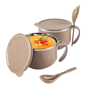 kuber industries pack of 2 airtight-lid 600ml stainless steel soup bowl with spoon amp holder  leakproof food container for noodles pasta amp milk  maggie bowl amp souptok for eating  brown