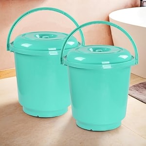kuber industries pack of 2 bucket for bathroom kitchen amp home with lid amp carry handle  18l portable storage container hot amp cold water bucketbalti for cleaning  green