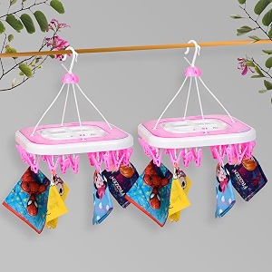kuber industries cloth drying hanger with 36 clips - baby clothes stand with square pegs - pack of 2 transparent pink 36 x 36 x 36 cm