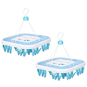 kuber industries pack of 2 cloth drying hanger  36 clips baby drying pegs  360 degree rotatable hanger  clip stand for cloth  square transparent blue