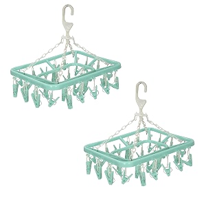kuber industries pack of 2 cloth drying hanger  360 degree rotatable hanger  32 clips baby drying pegs  rectangular cloth drying stand  clip stand for cloth  green