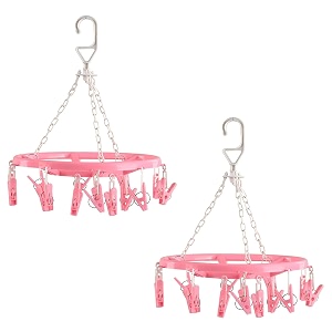 kuber industries pack of 2 cloth drying hanger  16 clips baby drying pegs  360 degree rotatable hanger  clip stand for cloth  round pink