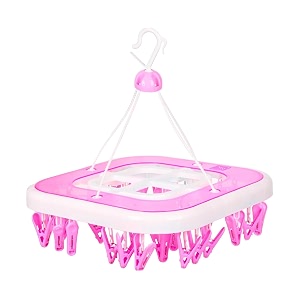 kuber industries 360 degree rotatable cloth drying hanger with 36 clips  baby pegs  clip stand  square stand  transparent pink 36 x 36 x 36 cm
