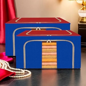kuber industries 88 liter clothes storage box  foldable steel frame clothes organizer  storage box for wardrobe-saree-shirts and blankets  underbed storage bag  dot print  royal blue