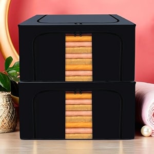 kuber industries pack of 2 clothes storage box  66 liter foldable steel frame clothes organizer  underbed storage bag  storage box for wardrobe-saree-shirts and blankets  grey amp black