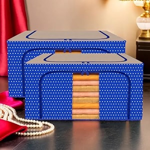 kuber industries 88 liter clothes storage box  foldable steel frame clothes organizer  storage box for wardrobe-saree-shirts and blankets  underbed storage bag  dot print  royal blue