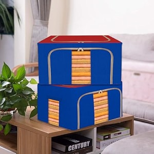 kuber industries pack of 2 clothes storage box  24 liter foldable steel frame clothes organizer  underbed storage bag  storage box for wardrobe-saree-shirts and blankets  red amp blue
