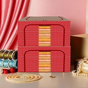 kuber industries pack of 2 clothes storage box  44 liter foldable steel frame clothes organizer  storage box for wardrobe-saree-shirts and blankets  storage bag  dot print  red amp brown