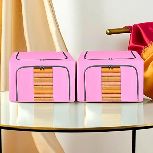 kuber industries pack of 2 clothes storage box  24 liter foldable parachute steel frame wardrobe organizer  waterproof storage box for saree-shirts amp blankets  underbed storage bag  pink